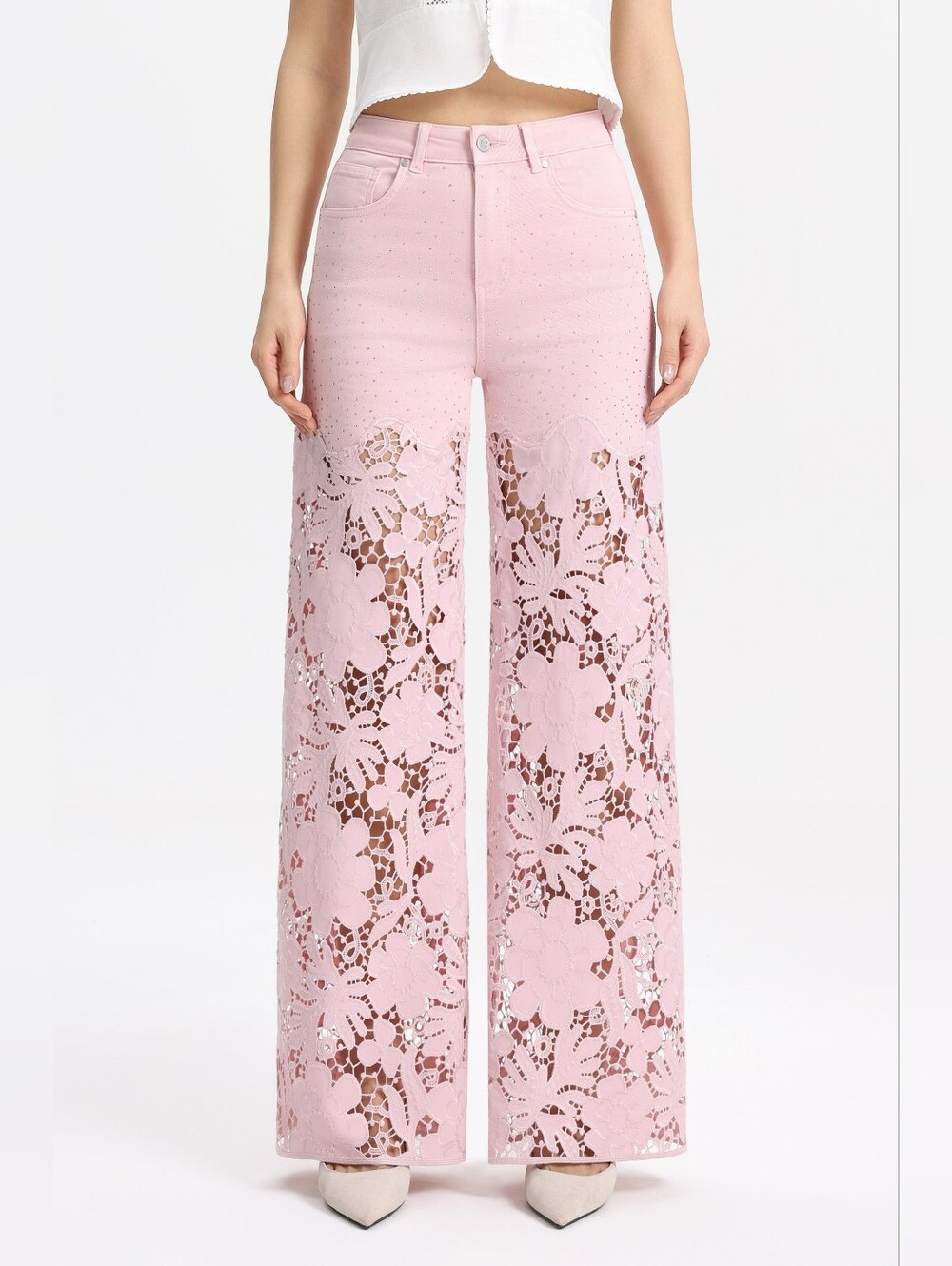 Bayeas Pink Lace Wide-Leg Jeans